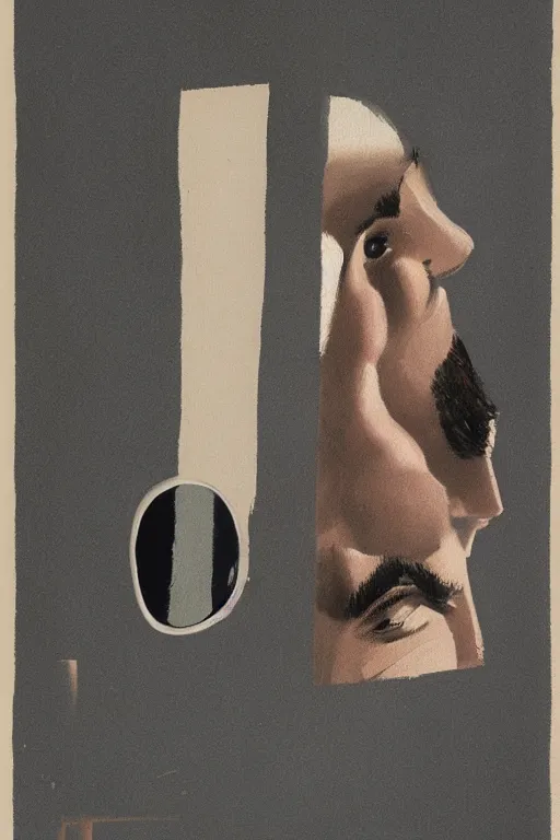 Image similar to man looking at his reflection in the mirror, 1960’s minimalist advertising illustration, painterly, expressive brush strokes