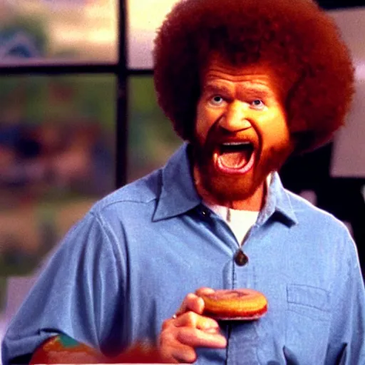 Image similar to angry bob ross screaming because someone at his donut