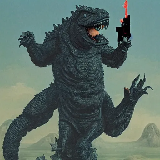 Prompt: god dancing with godzilla with a shotgun