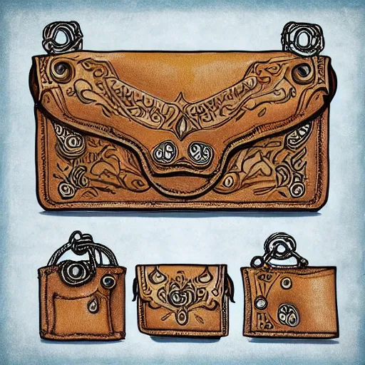 Image similar to an ornate small leather bag, fantasy illustration, medieval era, blank background, studio lighting, hand - drawn digital art