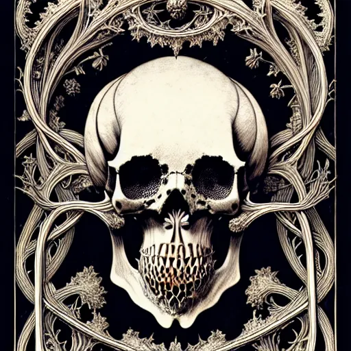 Image similar to art forms of nature by ernst haeckel, memento mori by arthur rackham, ornate antique porcelain beautiful skull mask, ultrasharp, photorealistic, hyperdetailed, octane render, polished, art nouveau, neo - gothic, gothic, intricate ornamental organic filigree, art nouveau botanicals, art forms of nature by ernst haeckel, horizontal symmetry, symbolist, visionary