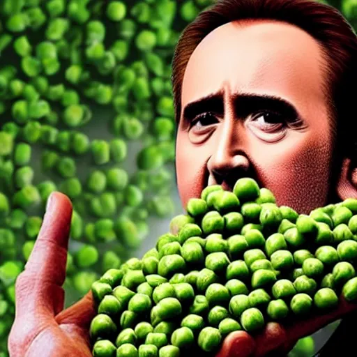 Image similar to nicolas cage trapped in a wicker cage being covered in peas, screaming