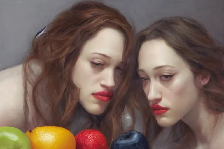 Image similar to A portrait of Kat Dennings eating various fruits by Ruan Jia and Mandy Jurgens and Artgerm and william-adolphe bouguerea, highly detailed, trending on artstation, award winning, H 768