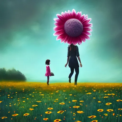 Image similar to giant daisy flower as a head, girl walking in flower field, surreal photography, moon light, dark night, dramatic, impressionist painting, clouds, digital painting, artstation, simon stalenhag