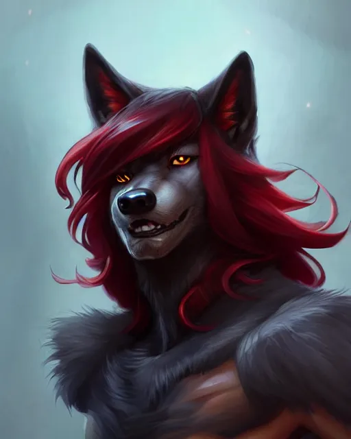 Image similar to character concept art of a black anthropomorphic male wolf long red hair | | cute - fine - face, pretty face, key visual, realistic shaded perfect face, fine details by stanley artgerm lau, wlop, rossdraws, james jean, andrei riabovitchev, marc simonetti, and sakimichan, trending on artstation