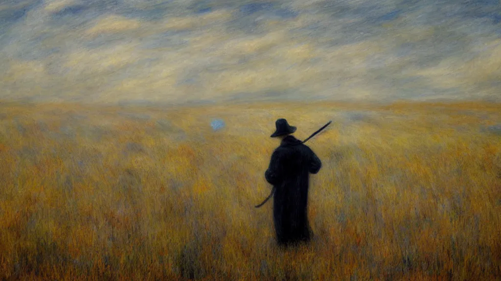 Prompt: a the grim reaper standing in a foggy wheat field in style of pierre - auguste renoir,, fine details,