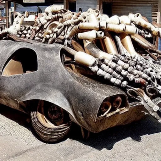 Image similar to mad Max car made out of bones horns and shells