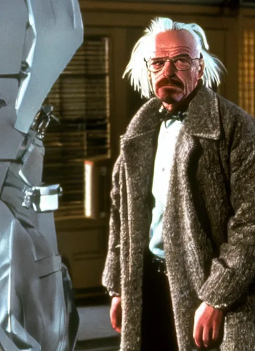 Prompt: film still of Walter White as Doc Brown in Back To The Future, 4k