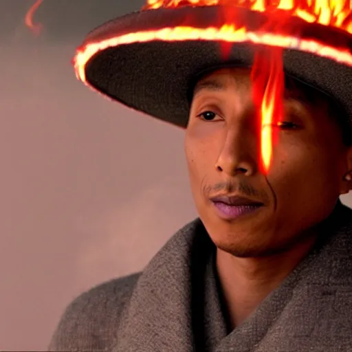 Image similar to cinematic film still Pharrell Williams starring as a Samurai holding fire, Japanese CGI, VFX, 2003, 40mm lens, shallow depth of field,film photography