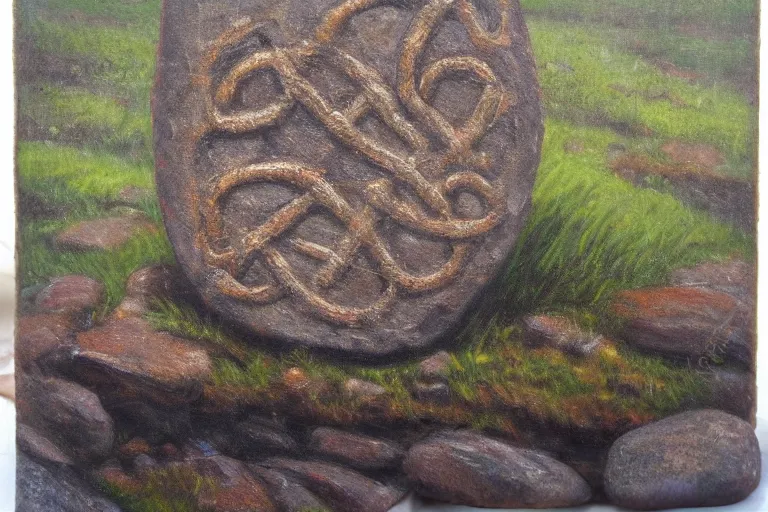 Prompt: runestone, nature, focused, centered, very detailed, norse, oil painting