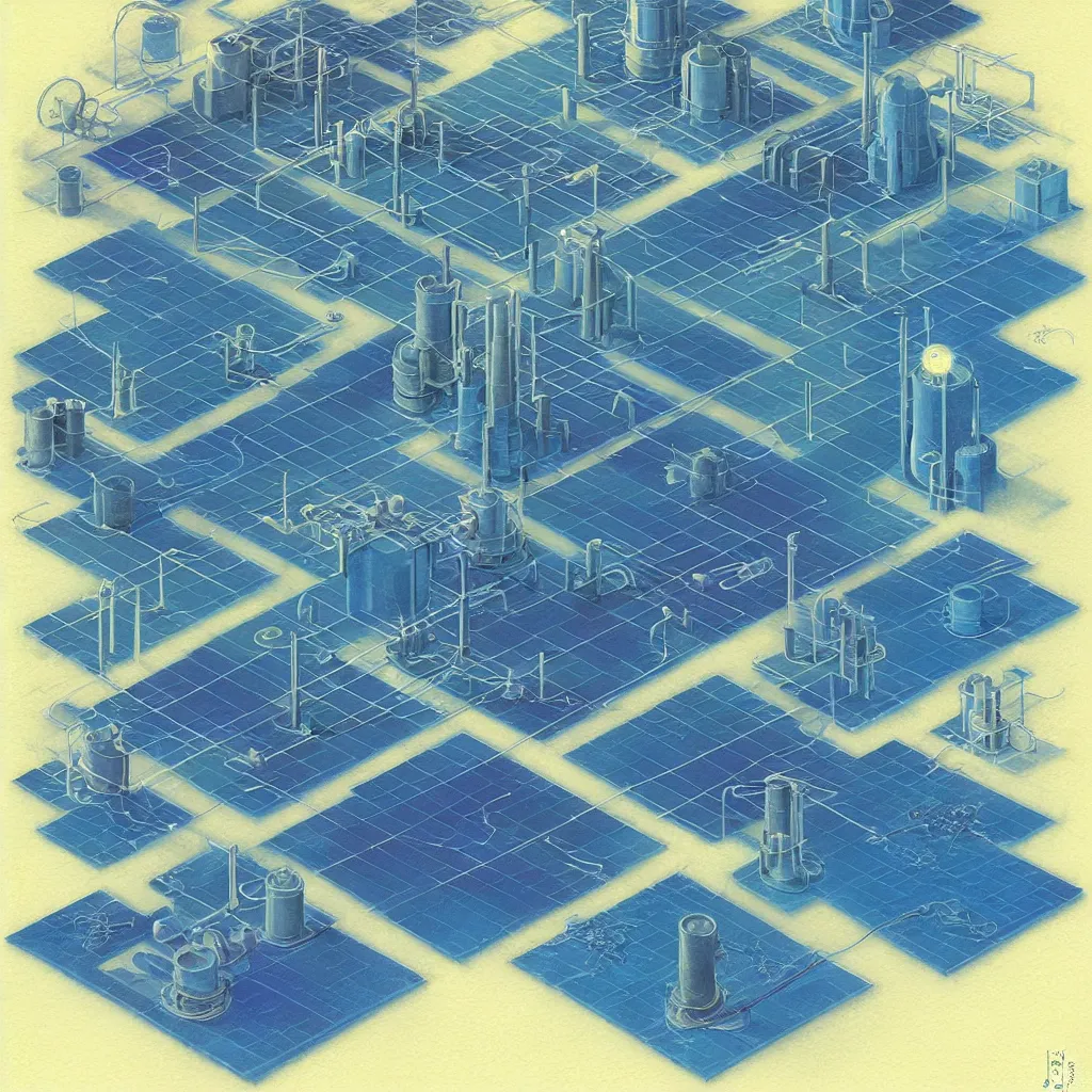 Prompt: nuclear reactor control rods, blue glow, isometric, by jean - baptiste monge