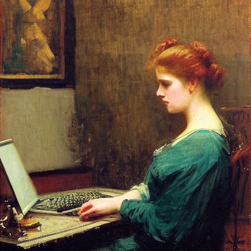 Prompt: painting of a woman contemplating a computer by john - joseph benjamin - constant