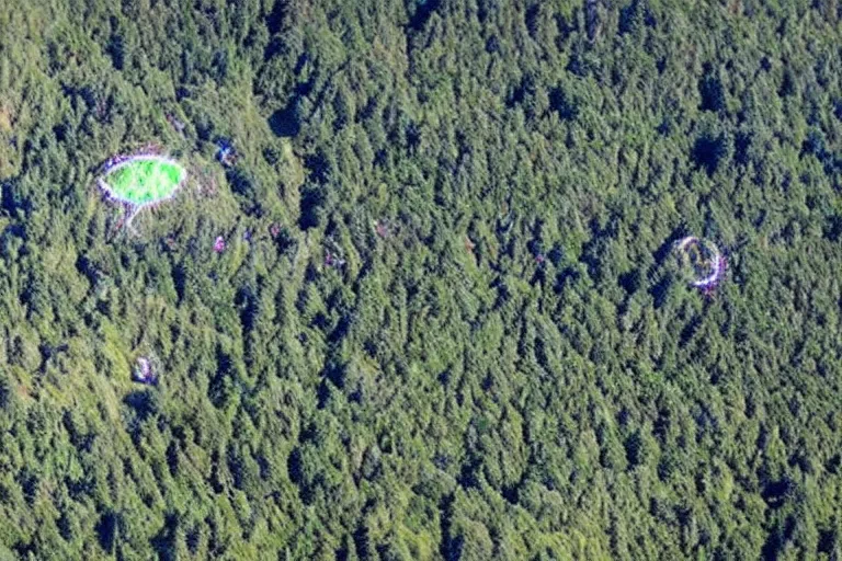 Image similar to the cascadian hilltops marked with alien symbols, news footage from helicopter perspective