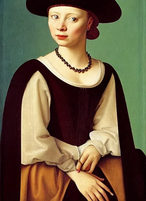 Image similar to portrait of young woman in renaissance dress and hat, art by petrus christus,