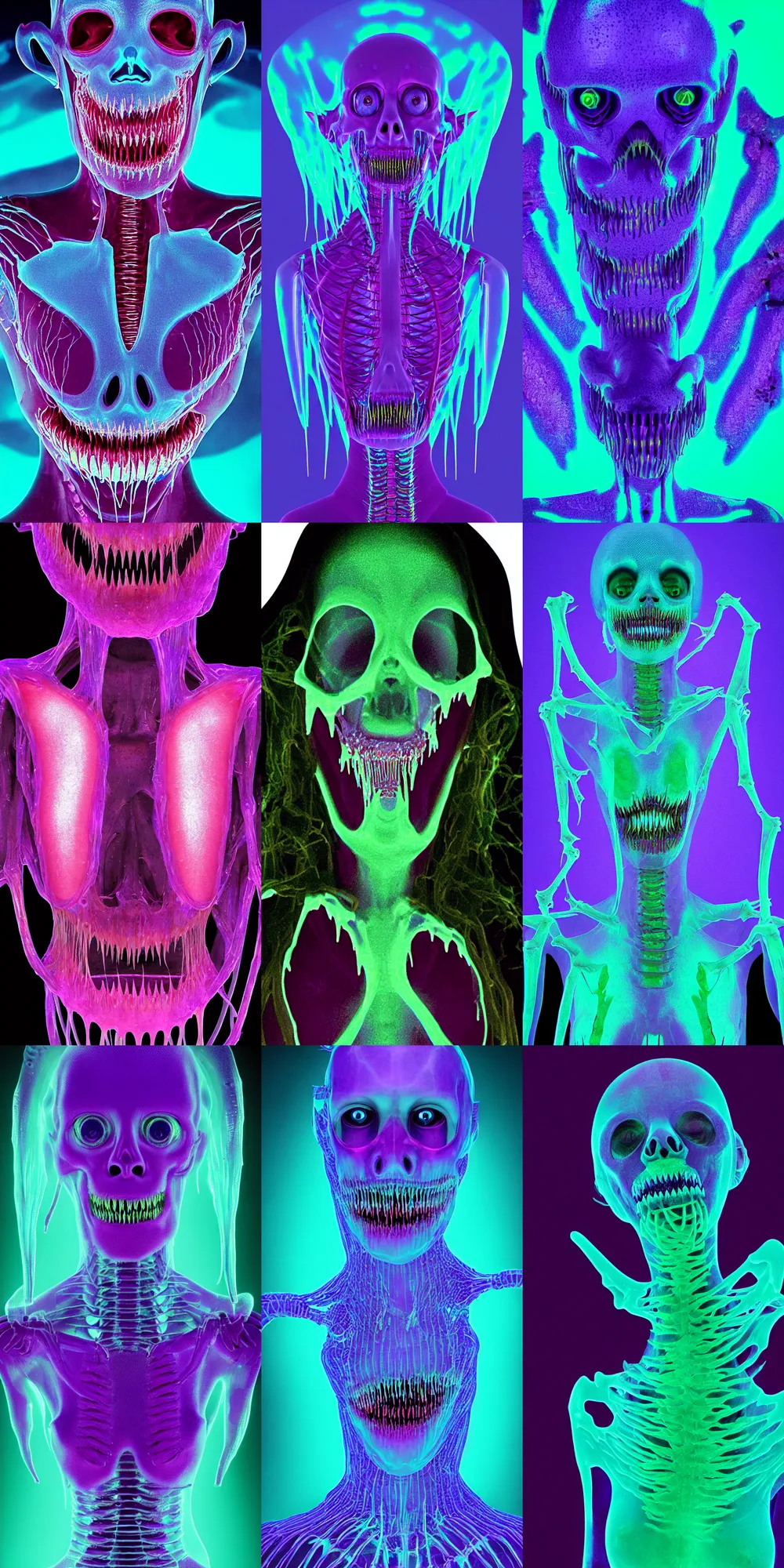 Prompt: pixel sorted image of a scary sci - fi saliva creature, she has iridescent membranes, gaping gills and baleen, translucent skin shows haunting skeletal details in front of bright aerochrome and halogen laboratory lights, eerie, occult, gelatinous with teeth