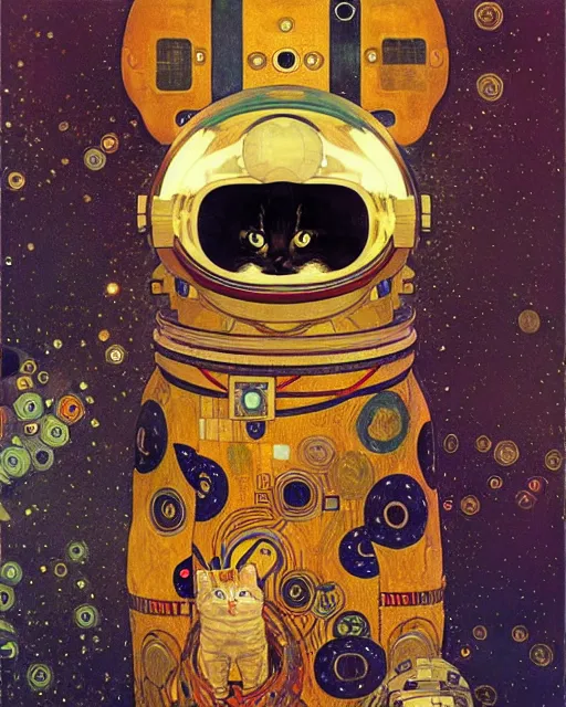 Image similar to cosmonaut cat portrait an oil painting splashes with many colors and shapes by gustav klimt greg rutkowski and alphonse mucha, polycount, generative art, psychedelic, fractalism, glitch art