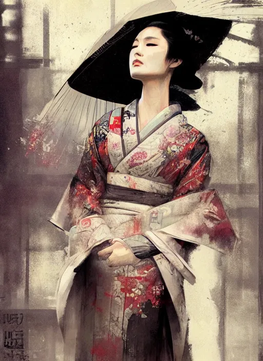 Prompt: female geisha girl, beautiful face, rule of thirds, intricate outfit, by greg rutkowski, by jeremy mann, digital painting