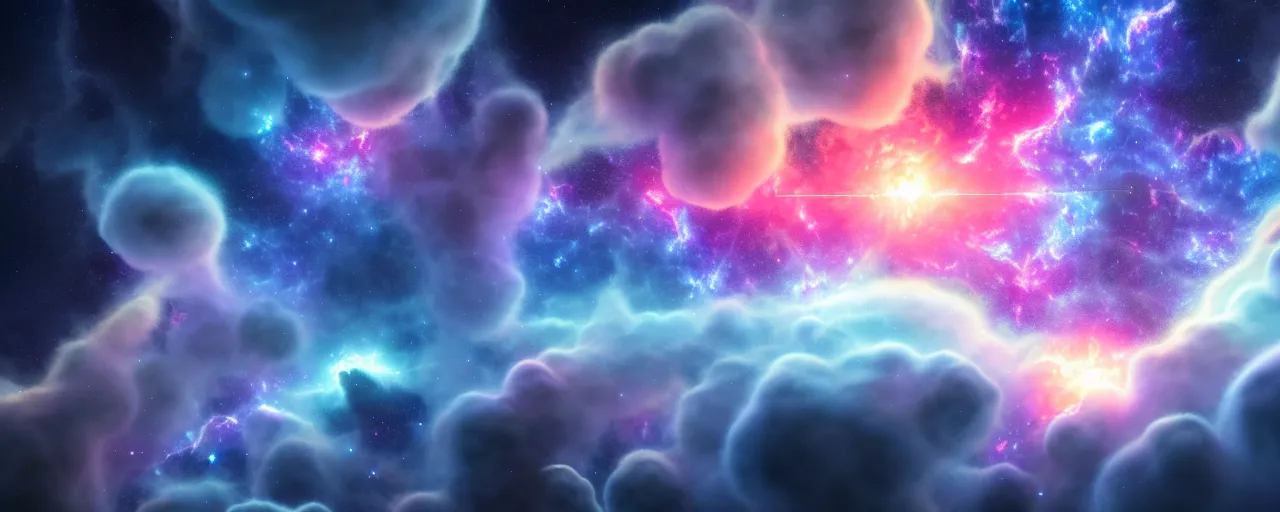 Prompt: cinematic render of atmospheric space, nebula, galaxy, homeworld skies, volumetric lighting, cumulous fractal smoke pillars nebula, galaxy, nasa