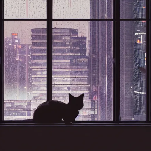 Image similar to A cat sitting on a Windows watching the view of a cyberpunk city, 24mm, 8k, octane render, beautiful, peaceful, cyberpunk, moody, raining, rain, super detailed, dof, volumetric lighting, rtx, raytracing, cyberpunk 2077.