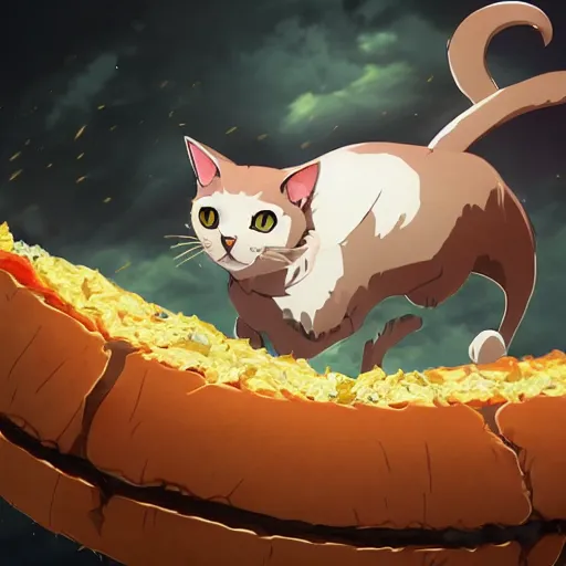 Prompt: a scared cat running away from the giant carnivorous sandwich, artstation hq, dark phantasy, stylized, symmetry, modeled lighting, detailed, expressive, true unsimulated emotions, created by hayao miyazaki