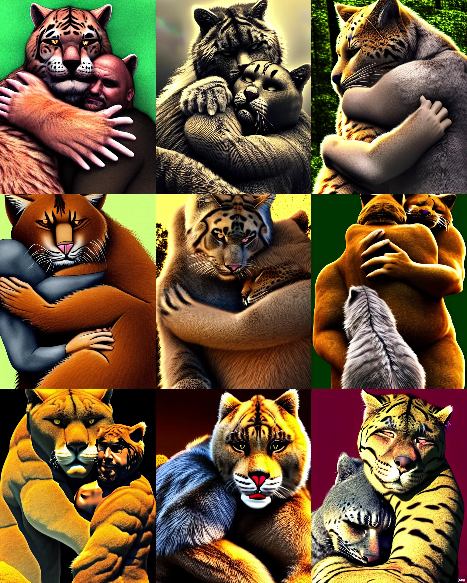 Prompt: being hugged by a big cat furry man, dmt, photorealistic,