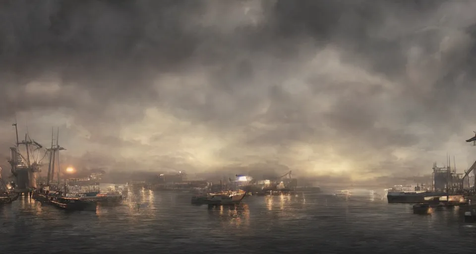 Image similar to The sky above the port was the colour of television, tuned to a dead channel, dramatic lighting, cinematic, establishing shot, extremely high detail, photo realistic, cinematic lighting, post processed, concept art, matte painting