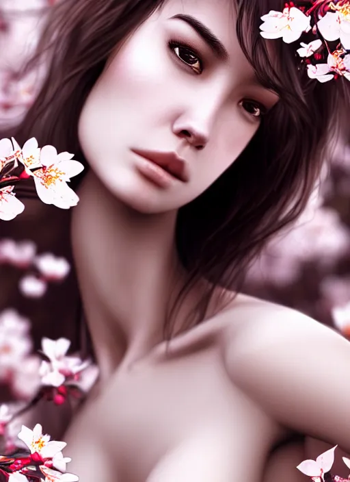 Image similar to photo of a gorgeous female with messy hair in the style of stefan kostic, realistic, body shot, sharp focus, 8 k high definition, insanely detailed, intricate, elegant, art by stanley lau and artgerm, cherry blossoms