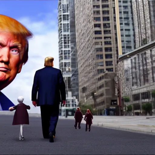 Image similar to Giant Donald Trump walking in city with small people photorealistic 4k detailed