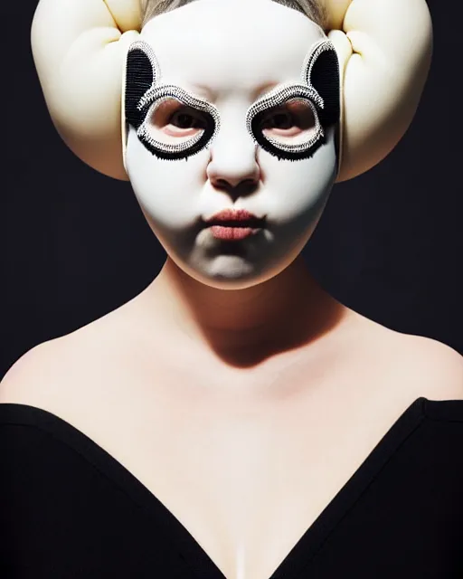 Image similar to symmetrical portrait of a curvy woman wearing a silicone embroidered pueple beauty mask and white hair buns, wearing a black bodysuit by alexander mcqueen, cream white background, soft light, biotechnology, humanoide robot, bjork aesthetic, translucent, by rineke dijkstra, intricate details, highly detailed, masterpiece,
