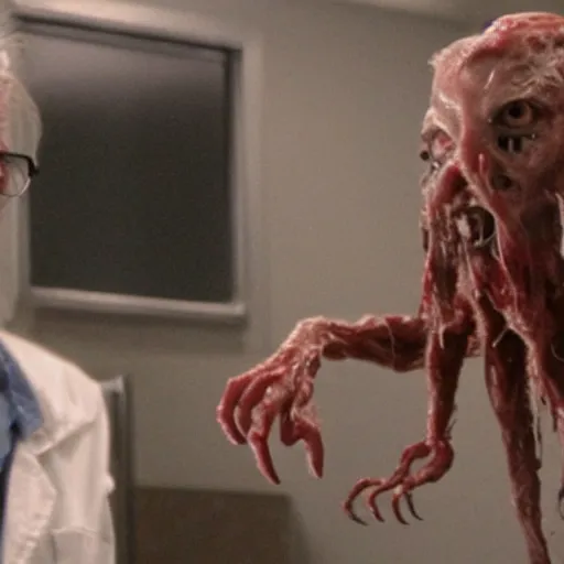 Prompt: b - grade horror film budget production a very strange creature made of cronenberg horrible nurse