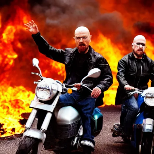 Prompt: photo of walter white and jesse pinkman riding motorcycles with an exploding building on fire behind them, color, cinematic lighting, highly detailed