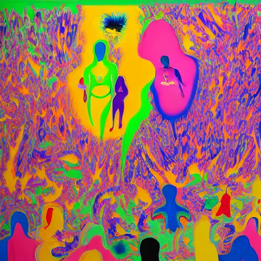 Image similar to people in the crowd, an ultrafine detailed painting by peter max and francis bacon and fiona rae and maryam hashemi and hernan bas and anna mond and max gubler, featured on deviantart, metaphysical painting, neo expressionism, pop surrealism, melting paint, biomorphic, mixed media, photorealistic, dripping paint, palette knife texture, masterpiece