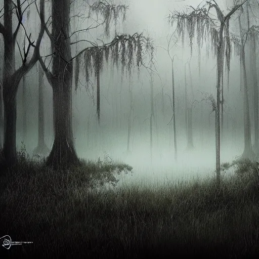 Image similar to artistic swamp with mystic fog, vegetation, few trees, from horror movies, artstation