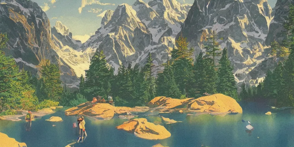 Prompt: background is beautiful idyllic poster illustration for a craggy ice valley national park by ludwig hohlwein, ludwig hohlwein, photoshopped on top is a close - up of grandma photorealistic eating crayons