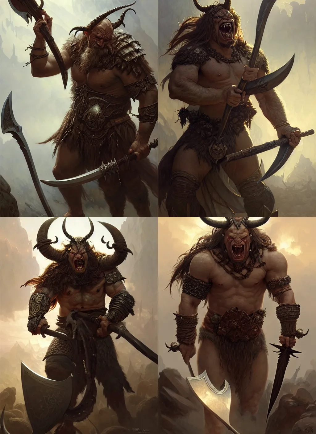 Prompt: a beautiful illustration of an attacking orc with horns in head holding a battle axe, intricate, sharp focus, illustration, highly detailed, digital painting, concept art, matte, art by wlop and artgerm and greg rutkowski and alphonse mucha, masterpiece