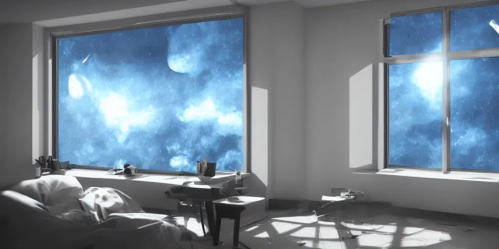 Image similar to photo realistic of a study, overlooking a space battle out a window, blue and black volumetric lighting