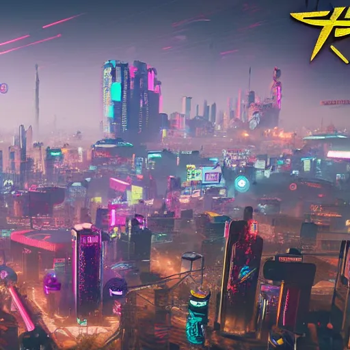 Prompt: an arial view of night city from cyberpunk 2 0 7 7