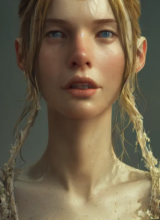 Image similar to belle, au naturel, hyper detailed, digital art, trending in artstation, cinematic lighting, studio quality, smooth render, fluorescent skin, unreal engine 5 rendered, octane rendered, art style by klimt and nixeu and ian sprigger and wlop and krenz cushart