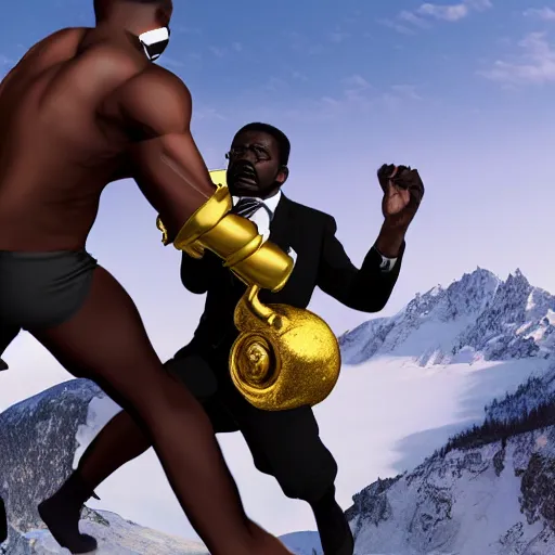 Image similar to black person with golden mace in hands fighting lenin in mountains, photorealistic