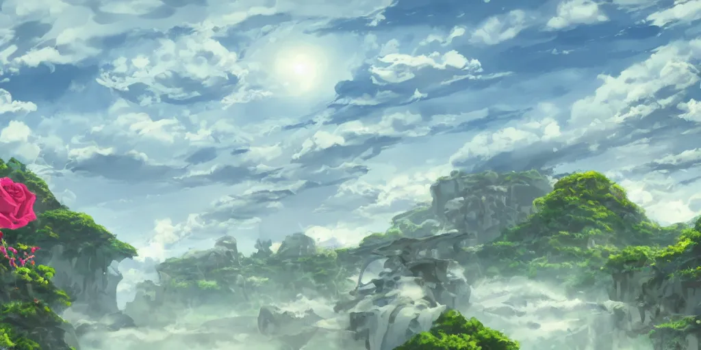 Image similar to background art of flying longswords flowing and floating through the slicing through directional wind on a simple cloudy sky background featuring a canyon bridge, big puffy clouds, large individual rose petals, angular background elements, polygonal fragments, anime, studio ghibli, artgerm, manga, trending on artstation, art nouveau, mature color scheme