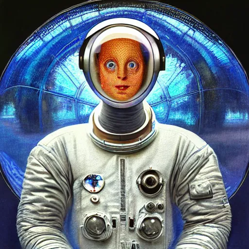 Prompt: realistic extremely detailed photo style portrait painting of a complete astronaut suit with exposed diamond 3d fractal lace iridescent bubble 3d skin clear brain , retro futuristic ,water , style hybrid mix of beeple,Anton Pieck,Jean Delville, Amano,Yves Tanguy, Alphonse Mucha, Ernst Haeckel, Edward Robert Hughes,Stanisław Szukalski , rich moody colors,diamond dust glitter and sparkles, holographic krypton ion,blue eyes,octane render,4k,f32,55mm photography,wide angle full shot,