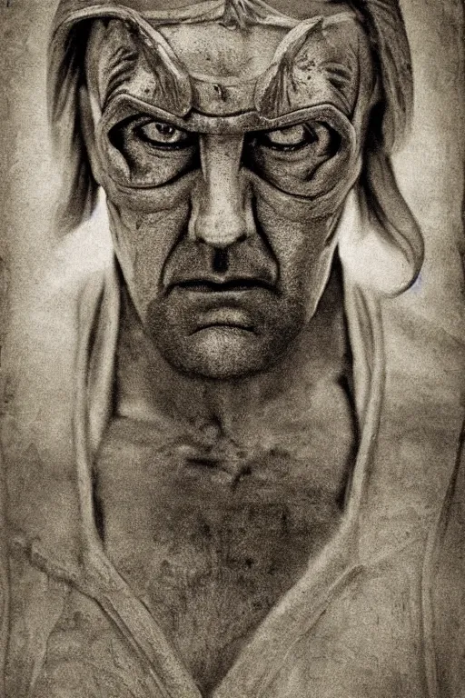 Image similar to he - man, portrait, full body, symmetrical features, silver iodide, 1 8 8 0 photograph, sepia tone, aged paper, sergio leone, master prime lenses, cinematic