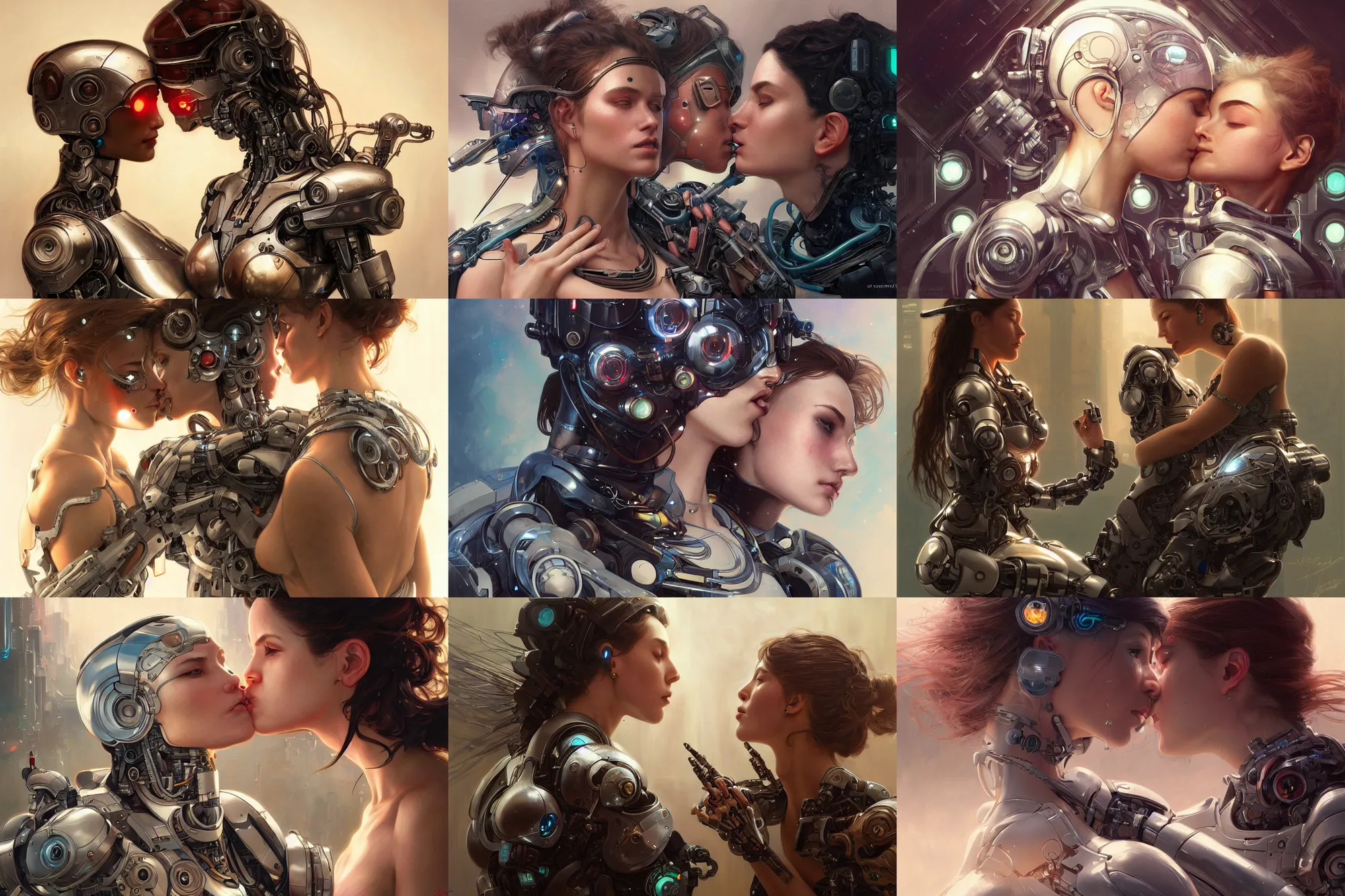 Prompt: Ultra realistic illustration, woman, cyborg and robot kissing each other, cyberpunk, sci-fi, fantasy, intricate, elegant, highly detailed, digital painting, artstation, concept art, smooth, sharp focus, illustration, art by artgerm and greg rutkowski and alphonse mucha