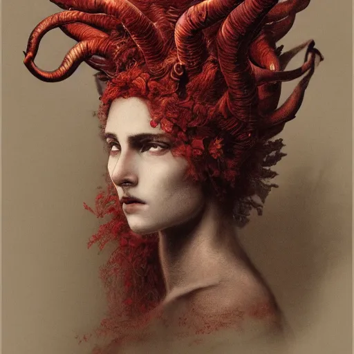 Prompt: a masterpiece! photographic portrait of a scarlet - colored beast with seven ( 7 ) heads and ten ( 1 0 ) horns by gustave dore and sam spratt and allen williams, trending on artstation, cgsociety, 8 k hd, earthtone colors, a cloaked woman riding the back of the beast