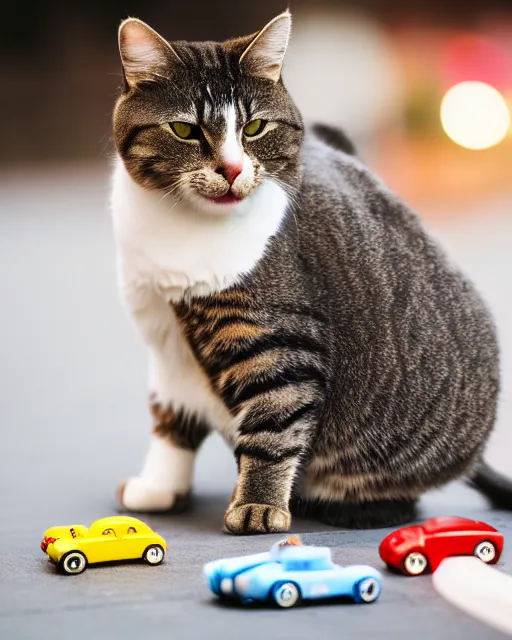 Image similar to high quality presentation photo of a cat biting a toy car, photography 4k, f1.8 anamorphic, bokeh, 4k, Canon, Nikon