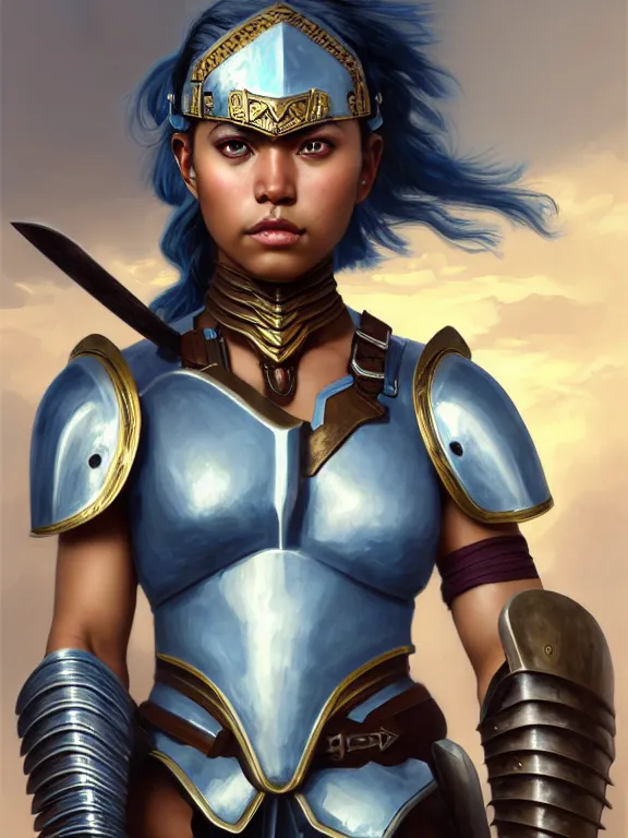 Prompt: frontview portrait of gladiator warrior lady, young, beautiful, dark skin, light blue hair, ponytail, big open green eyes, cute, heavy brass armor, axes, posing, coliseum background, love interest, highly detailed, smooth, sharp focus, digital painting, artgerm and greg rutkowski and alphonse mucha