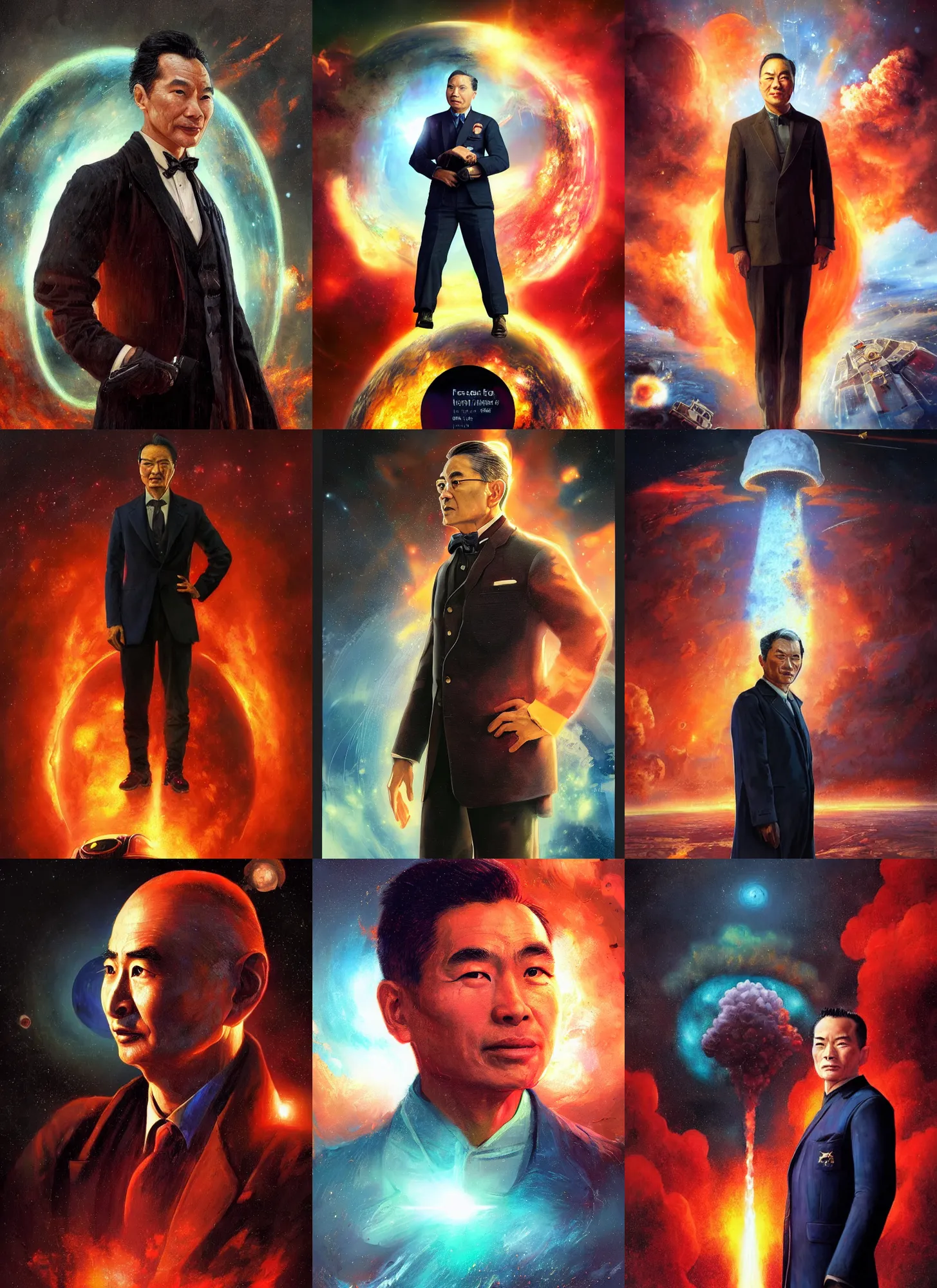 Prompt: formal portrait of jules pierre mao from the expanse as robert oppenheimer with nuclear explosion background. digital art by eugene de blaas, ross tran, and nasreddine dinet, vibrant color scheme, intricately detailed, in the style of romanticism, cinematic, artstation, greg rutkowski