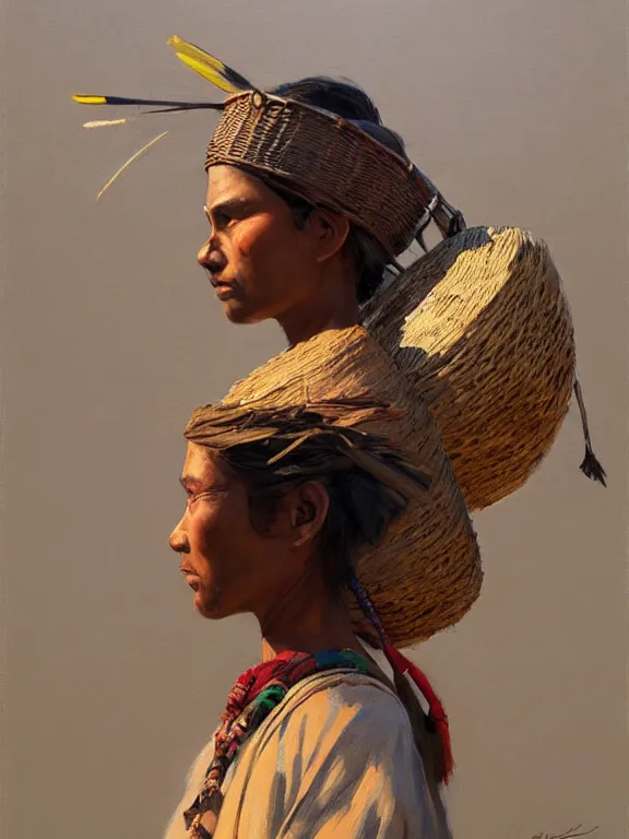 Prompt: an ultradetailed beautiful portrait painting of an female tribe native carrying a basket on her head on the road, side view, oil painting, high resolution, by ilya kuvshinov, greg rutkowski and makoto shinkai