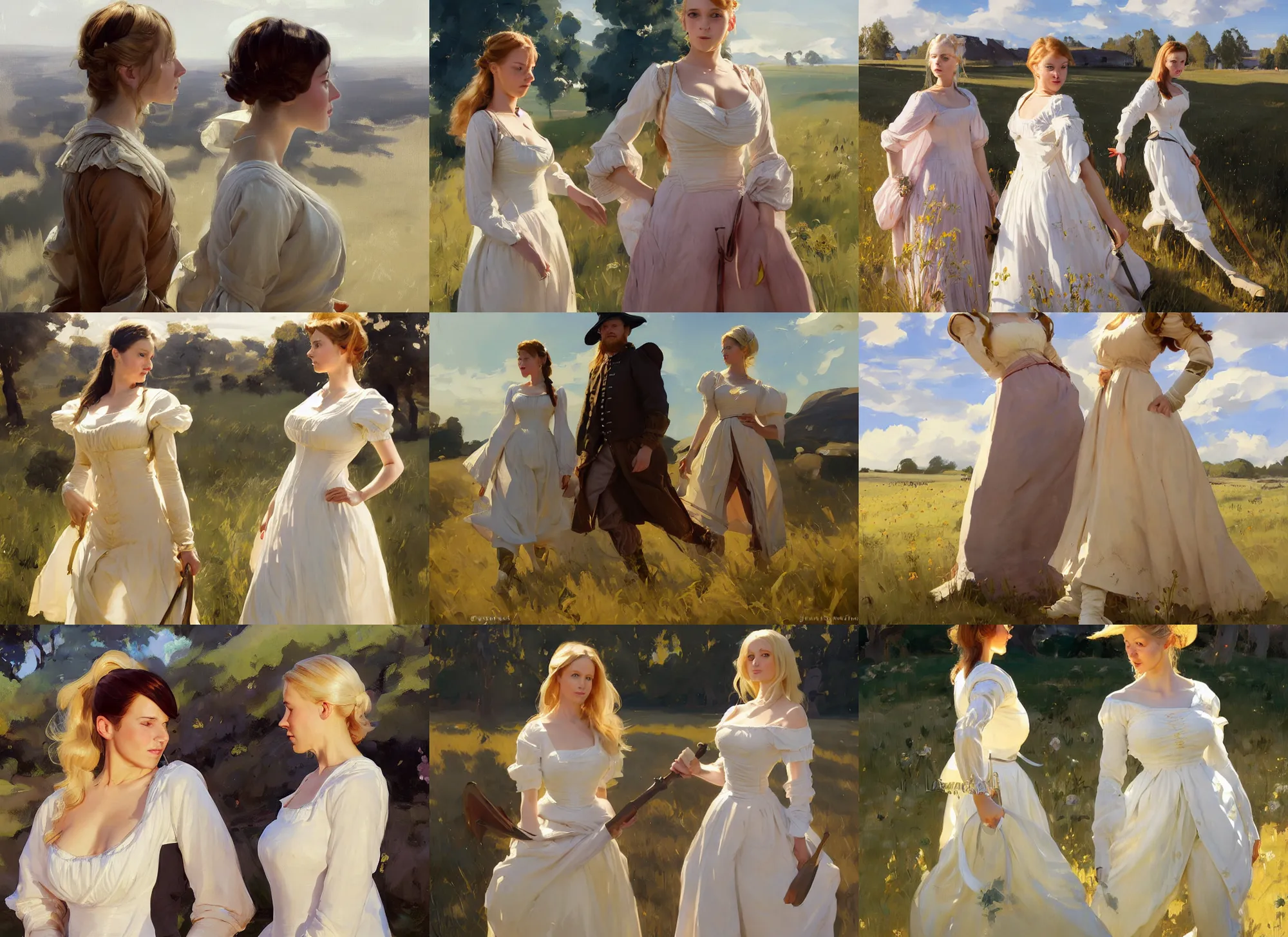 Prompt: portrait of two beautiful finnish norwegian swedish scandinavian attractive glamour models wearing 1 7 th century mantua with low neckline walking in the field in a sunny day, jodhpurs greg manchess painting by sargent and leyendecker, studio ghibli fantasy close - up shot asymmetrical intricate elegant matte painting illustration hearthstone, by greg rutkowski by greg tocchini by james gilleard