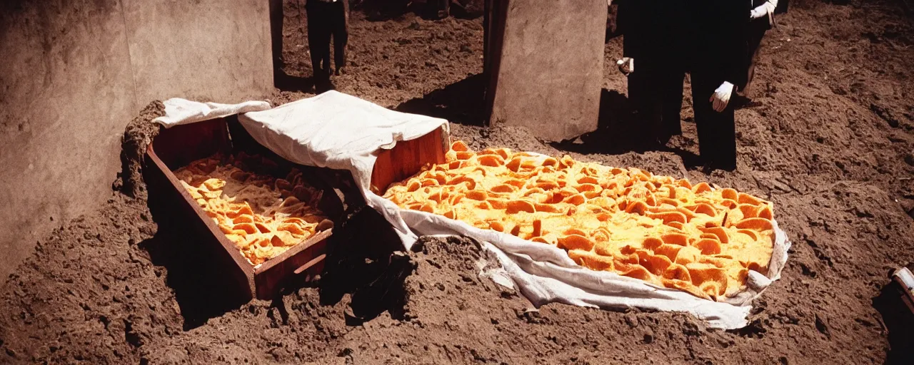 Prompt: a person buried inside a coffin made of ravioli, funeral ceremony, canon 5 0 mm, cinematic lighting, photography, retro, film, kodachrome